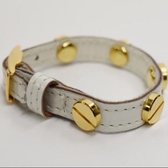 CC Skye White Leather + Gold Studs Bracelet - Picture 2 of 9
